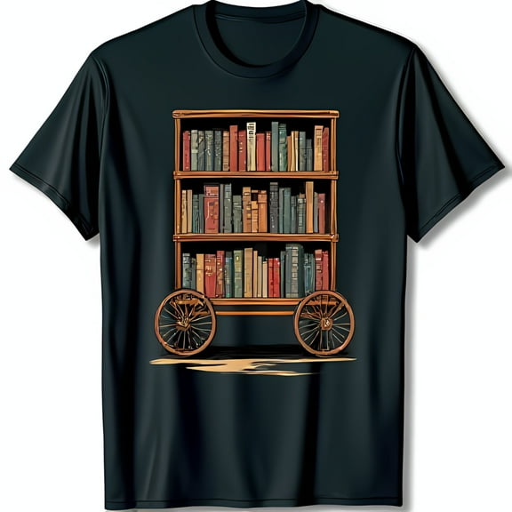 Black T-Shirt with Unique Bookshelf on Design for Book Lovers