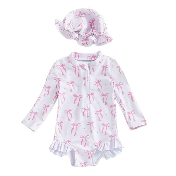 Tfken Toddler Baby Girls Swimwear High Neck Long Sleeve One-Pieces Bow Print Summer With Hat Breathable Beach Swimsuit White Size 0-3 Months