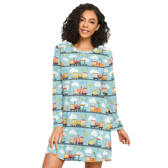 FORMRS Womens Long Sleeve Nightgowns Crew Neck Sleep Shirt Soft Pajamas Sizes S-3XL, Cartoon Train Pattern