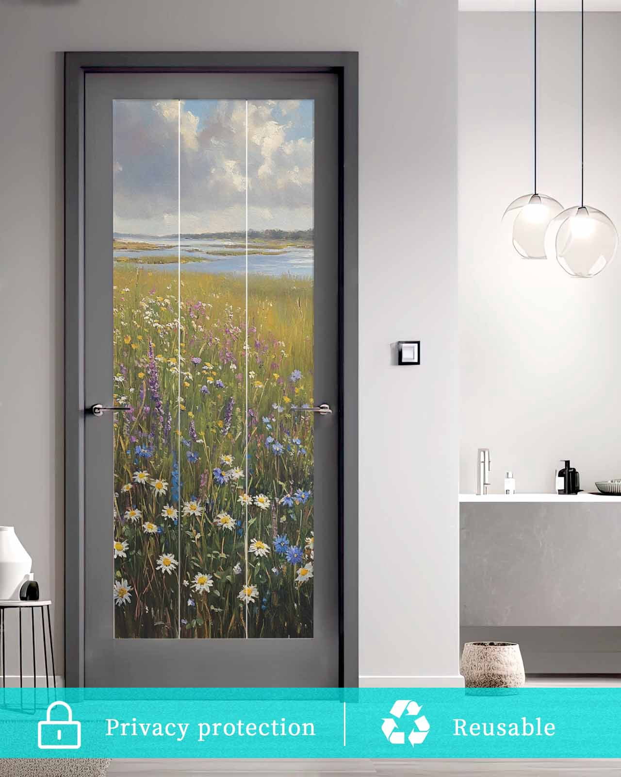 Window Privacy Film Spring Floral Stained Glass Window Film Decorative Sun Block Window Cover Modern Oil Painting Summer Botanical Window Clings Static Adhesive Sticker for Bathroom 29.5"x78.7"
