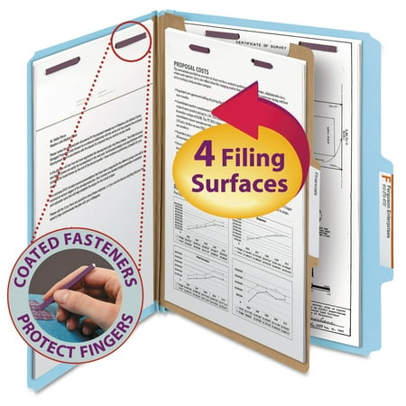 Smead Pressboard Classification Folders, Letter, Four-Section, Blue, 10/Box