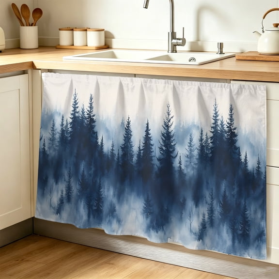 Navy Blue Ombre Forest Cabinet Curtains for Shelves, Watercolor Abstract Art Tree Privacy Curtain for Closet Self Adhesive, Dust-Proof Drapes for Closet Storage Room Classroom Doorway, 32"W x 55"L