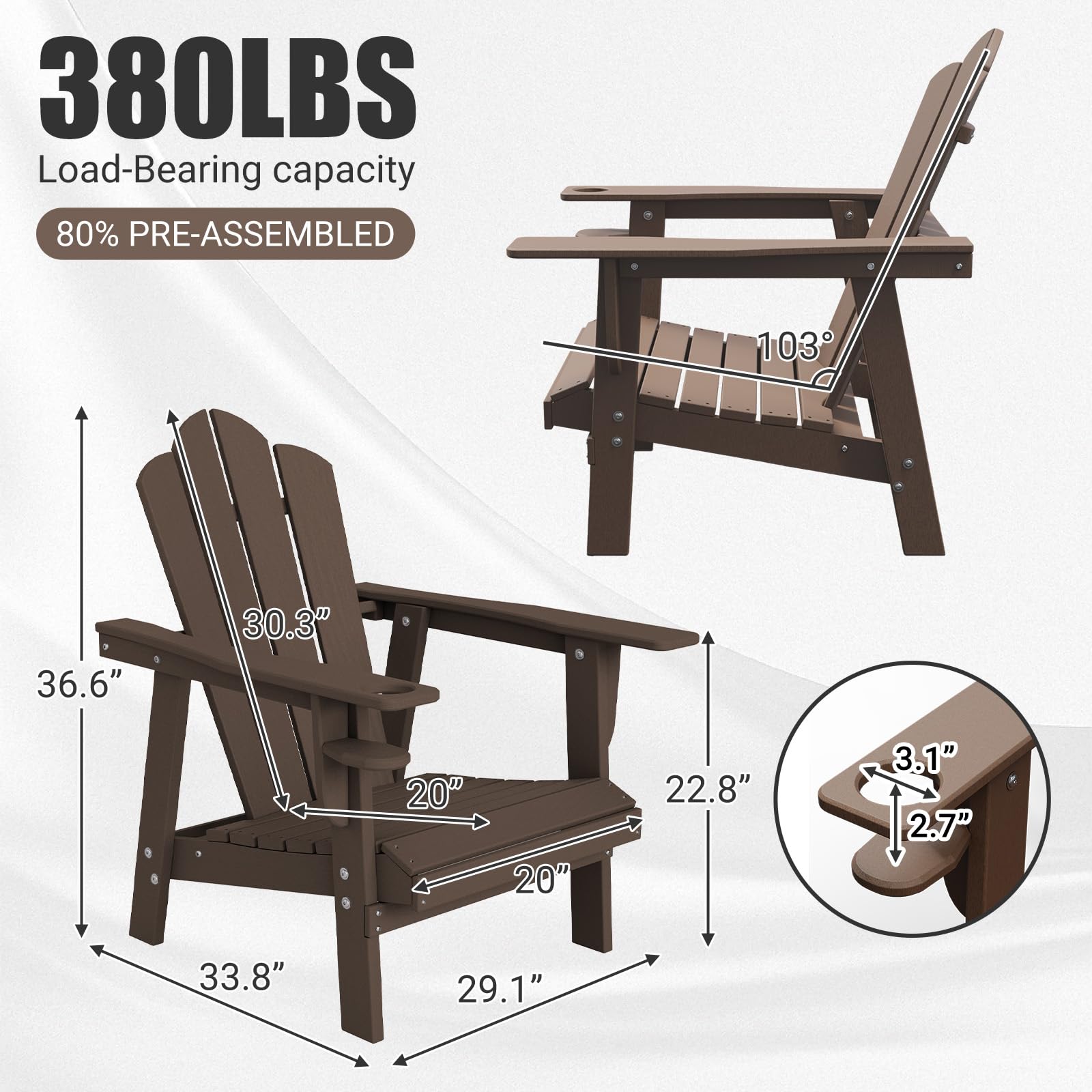 Tappio HDPE Adirondack Chair Set of 2, Patio Seat All Weather Outdoor Patio Chair with Cup Holder for Lawn Yard Fire Pit, Brown