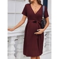 thumbnail image 5 of Weardear Maternity Dress V Neck Ribbed Knit Nursing Dresses with Pockets Tie Waist Pregnancy Breastfeeding Midi Dress, 5 of 6
