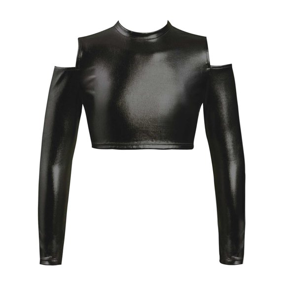 Alvivi Girls Shiny Metallic Dance Crop Top Long Sleeve Tank Top for Jazz Hip Hop Dancing Performance Black 8