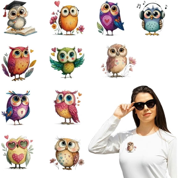12 Sheets Cartoon Owl Iron on Sticker Owl Hand Drawing Print Transfer Stickers Decals