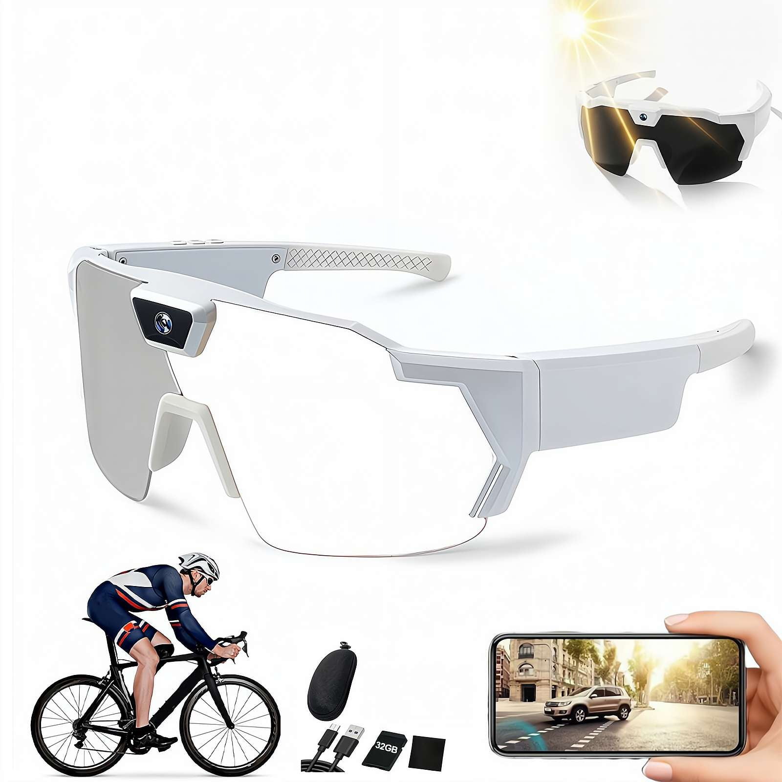 1080P HD Video Camera Glasses Outdoor Sports Action Portable Wearable Glasses Suitable for Driving, Cycling, , Outdoor Activity Recording Glasses, Action Sports for Cycling Hiking(with 32GB TF card)