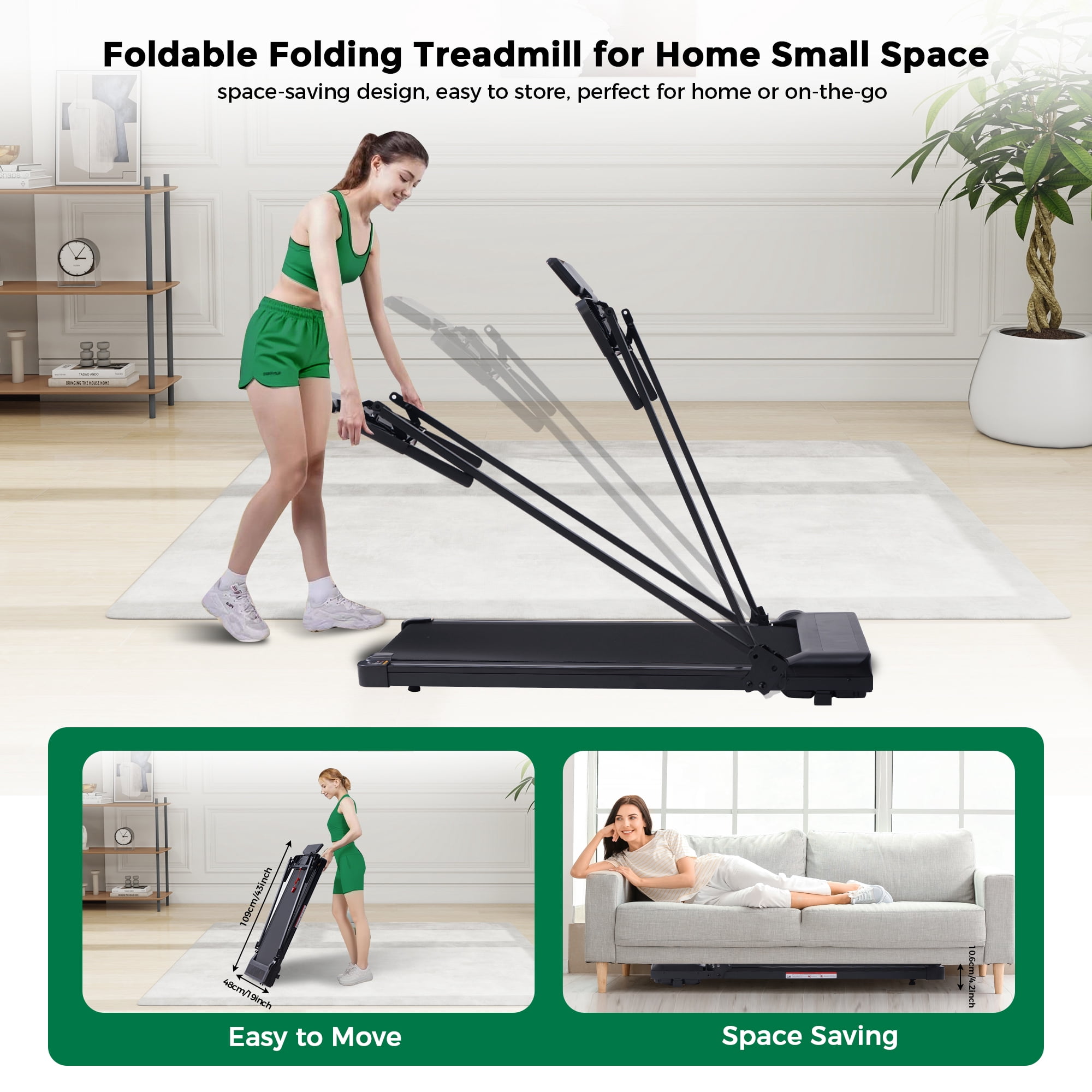 400lbs Portable Folding Treadmill with Handles,3.5HP Compact Walking Pad Treamills for Home Workouts,Running Treadmills with LED Diaplay for Exercise