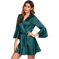 thumbnail image 4 of Women Satin Robe Ruffle Hem Kimono Short Robes V-Neck Pure Color Bridesmaid Wedding Party Bathrobe Dressing Gown, 4 of 9