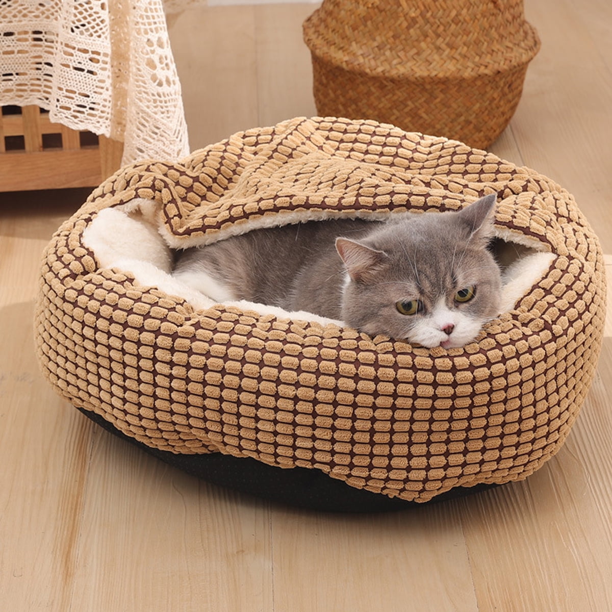Small Dog Bed with Attached Blanket, Cozy Donut Cuddler Anti-Anxiety Hooded Pet Beds Calming Cave Bed. Orthopedic Round Puppy Beds for Dogs or Cats Washable, Anti-Slip Bottom