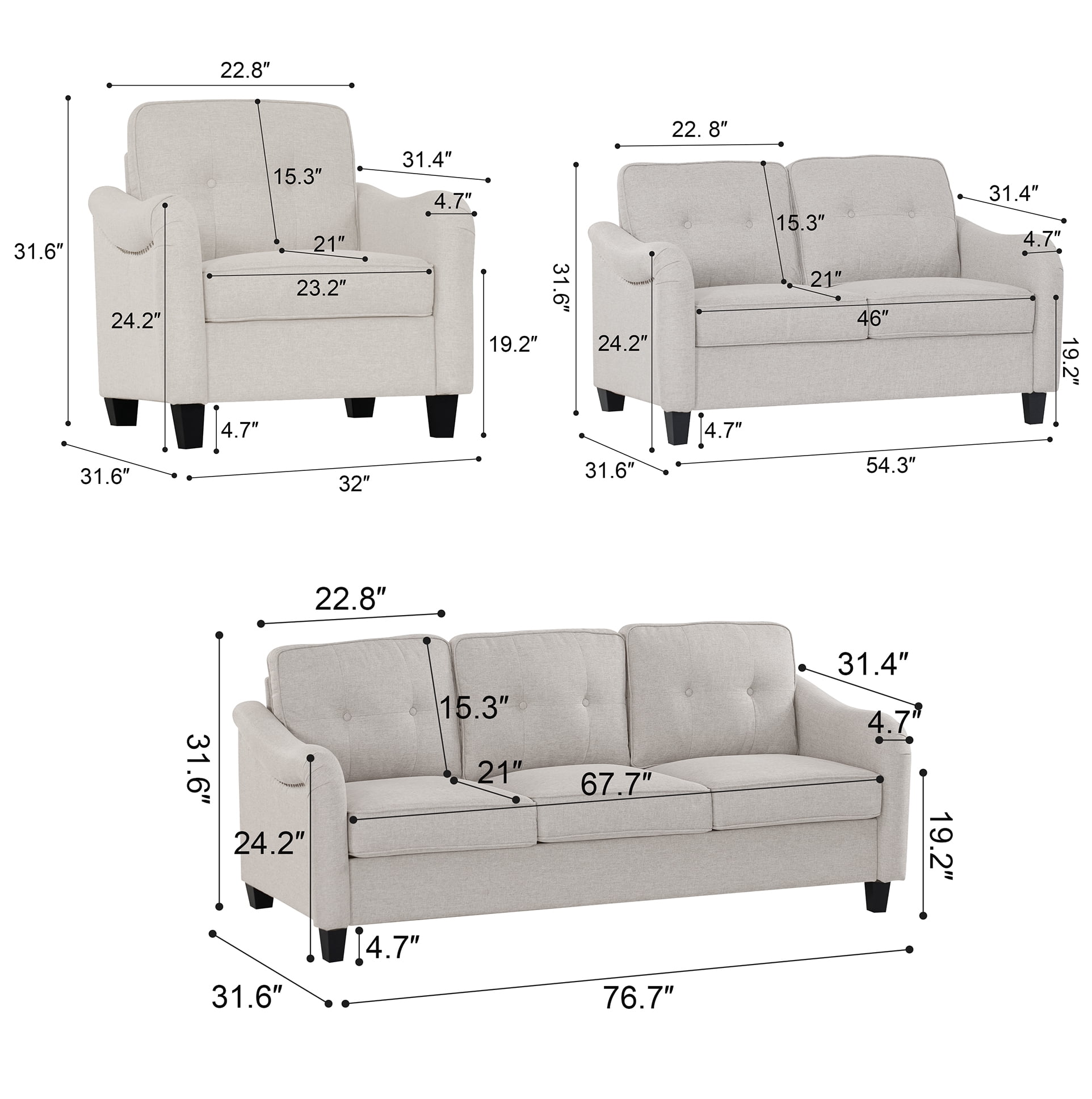 Aukfa 3 Piece Sectional Sofa Set for Living Room, Upholstered Modular Couch with 3-Seat Sofa, Loveseat & Accent Chair, Comfortable Furniture Set for Home/Apartment, Beige