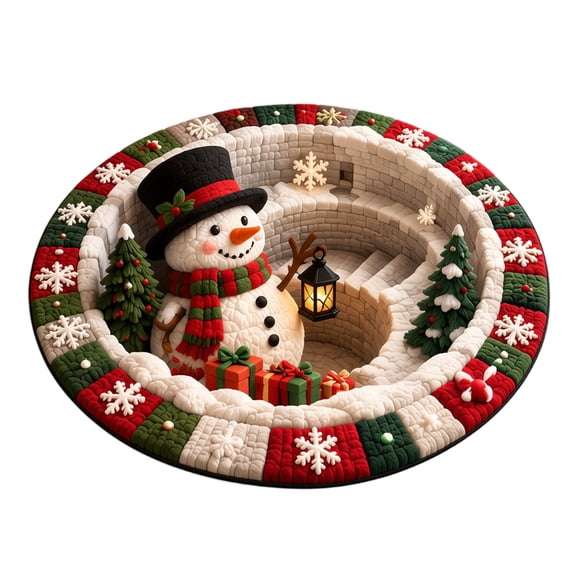 Christmas 3D Illusion Rug Round Optical Decorative Carpet with Festive Snowman Pattern for Indoor Living Room Bedroom Floor Decor Festival Holiday Party Accent Mat in Home Entryway