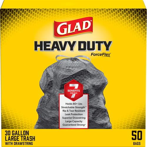 Glad Large Drawstring Trash Bags, Forceflex 30 Gallon Black Trash Bags, 50 Count - Pack of 2