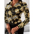 thumbnail image 2 of Blusa de mujer con cuello en V y botones estampados, manga larga, blusa suelta de otoño, 2 of 4