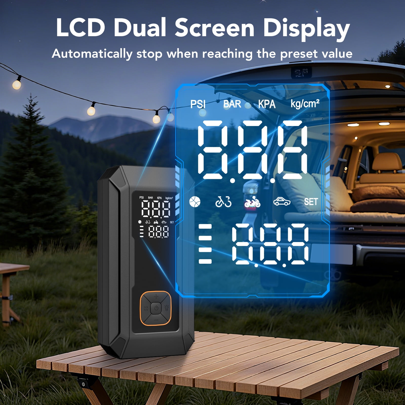 KT1  Car Jump Starter with Air Compressor, 150 PSI, 15000MAH Power Bank, 4000A Jump Starter, Fast Inflation for Car Tires, Bikes, SUV, Trucks & More - Portable Air Compressor with LED Light