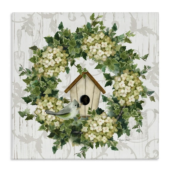 Stupell Industries Spring Birdhouse Wreath Botanical & Floral Painting Gallery Wrapped Canvas Art Print Wall Art, 17 x 17