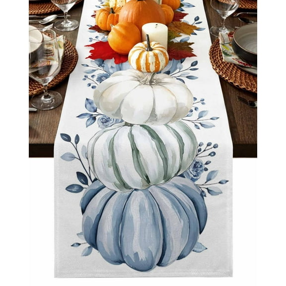 Fall Table Runner Thanksgiving White Blue Pumpkin Table Runners Floral Eucalyptus Leaves Cotton Linen Dresser Scarf Kitchen Dining Table Decor for Fall Holiday Party Decor 13x72 Inch