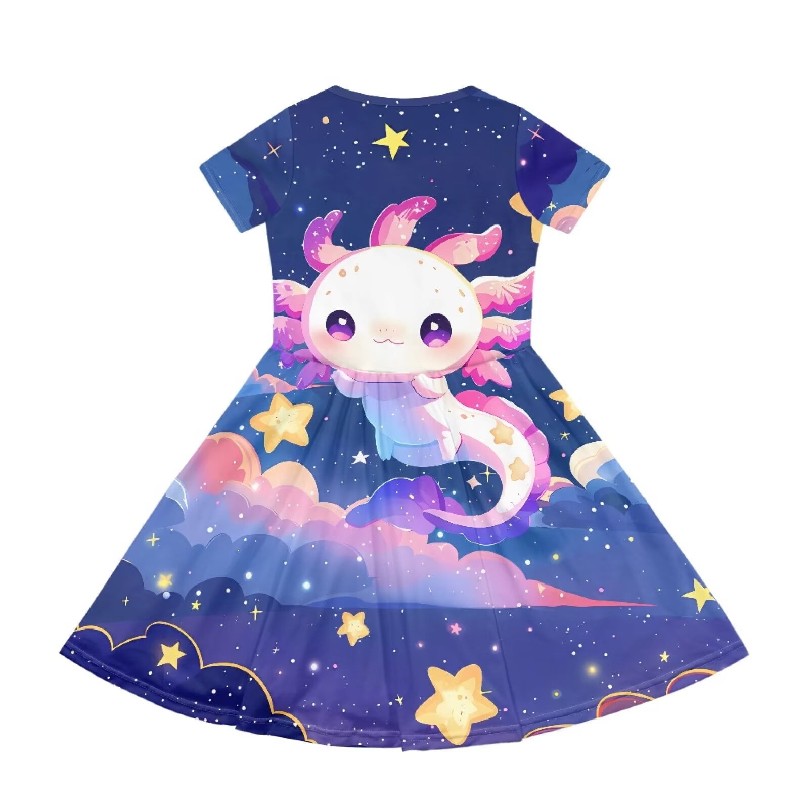 Uourmeti Axolotl Summer Dresses for Teen Girls Cute Short Sleeve Swing Dress Galaxy Lightweight Soft Crew Neck Midi Dresses Casual Beach Dress with Pockets