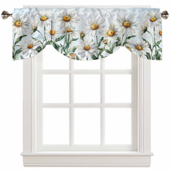 Fsddascl Spring Floral Tie Up Valance Curtains for Windows, Kitchen Curtains Window Treatments, Watercolor Summer Botanical White Daisy Short Window Shades Valances for Bedroom Bathroom Cafe 42"x18"