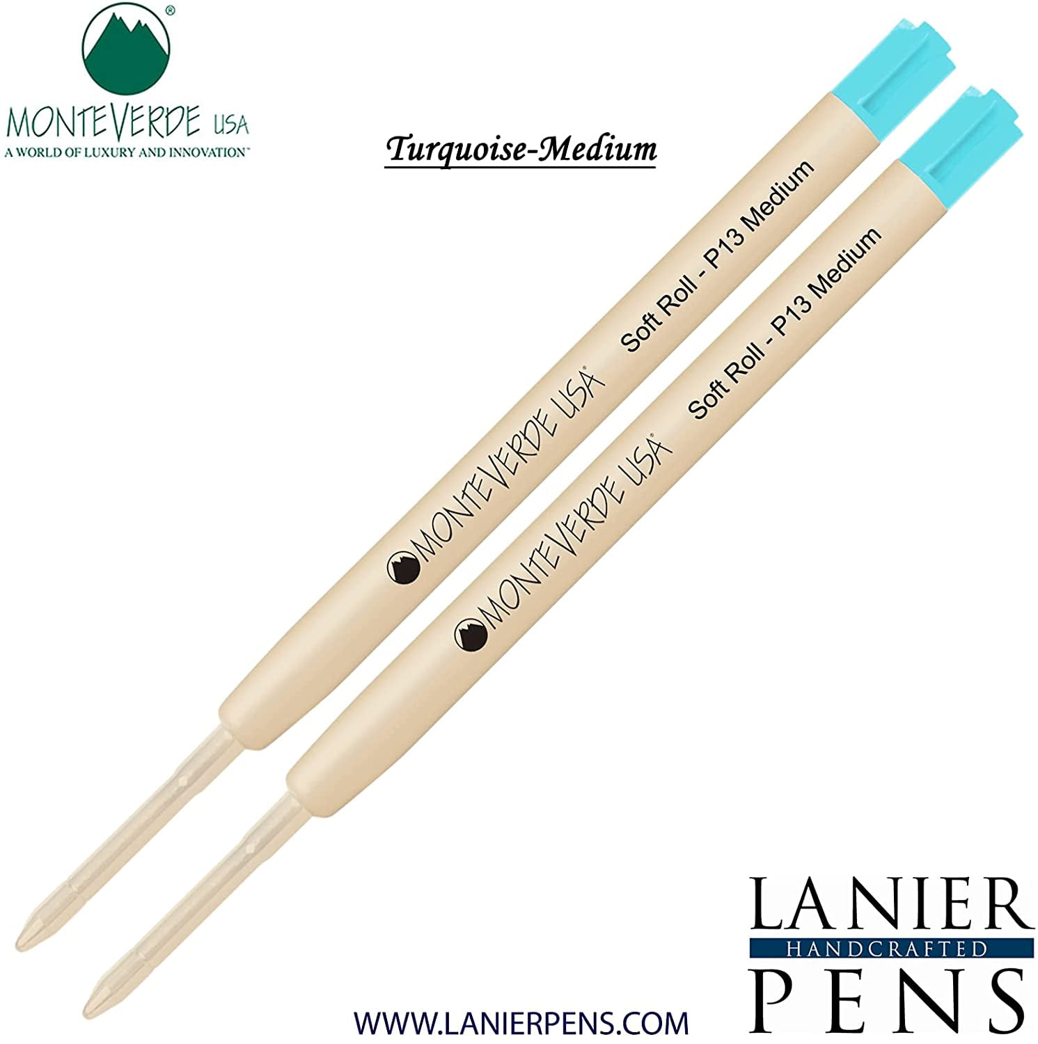 Lanier Combo Pack - 2 Pack - Monteverde SoftRoll Ballpoint P13 Paste Ink Refill Compatible with most Parker Style Ballpoint Pens - Turquoise (Medium Tip 0.7mm)