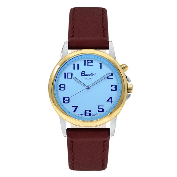 Bandini Mens Glow Watch - Leather Band - 38mm Analog Men's Easy to Read Wrist Watch with Light, Light Up Watches, Quartz, White Dial, Big Numbers, Glow in the Dark Hands - Two-Tone / Burgundy