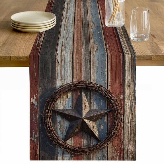 Western Texas Star Retro Table Runner - 90 Inch Long Country Farmhouse Brown Wooden Cotton and Linen Blended Dress Scarves Farmhouse Table Runner for Kitchen Dining, Coffee Table, 13" x 90"