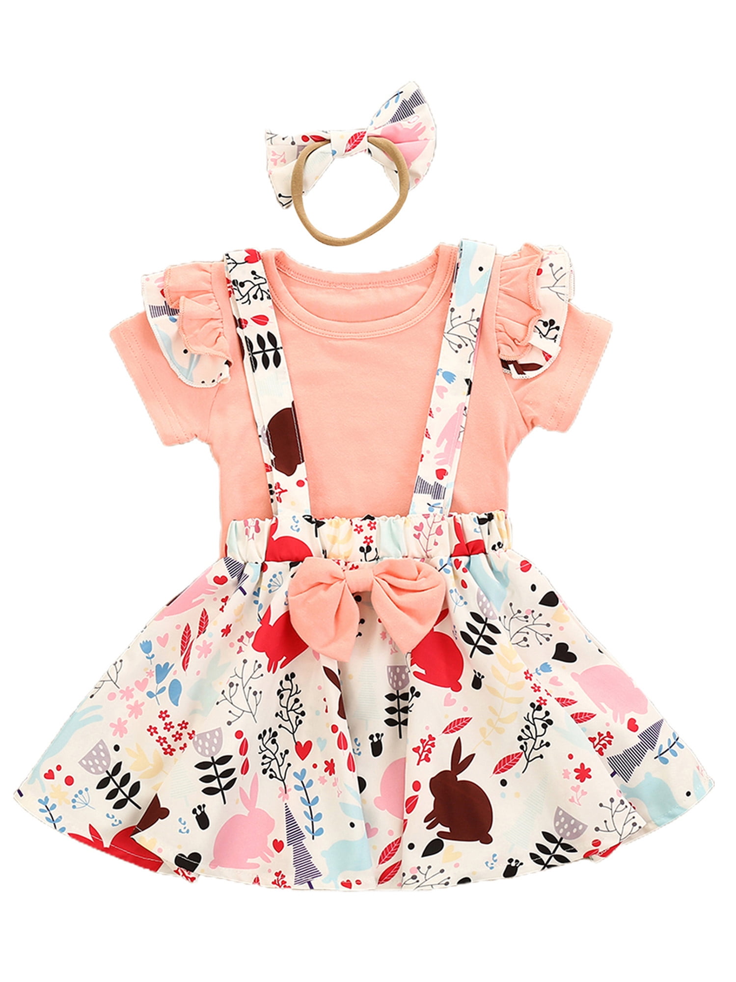 Toddler Baby Girl Easter Clothes Ruffle Sleeves Top with Bunny Suspender Tutu Skirt Dress Outfits 