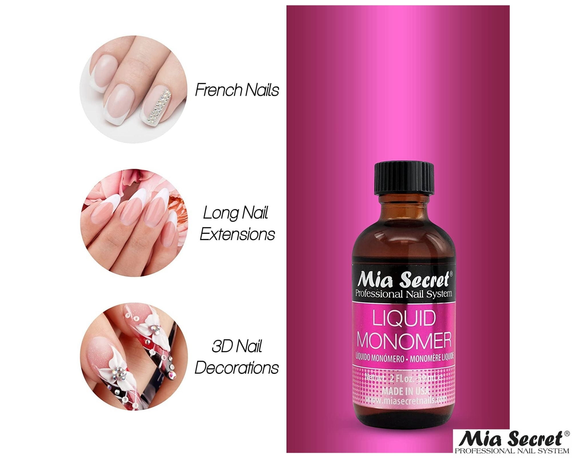 Mia Secret - Liquid Monomer 2oz & (Cover Acrylic Powder White Peony + Cover Acrylic Powder Peach) 0.5 oz. - COMBO