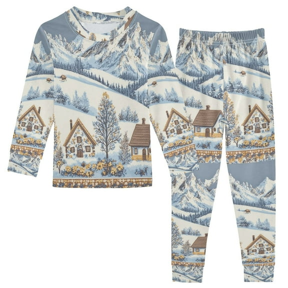 FORMRS Long Sleeve Top and Pants Pajama Set for Niños 2-Piece Sleepwear, Sizes 18M-8Y, Blue Snowy Mountain