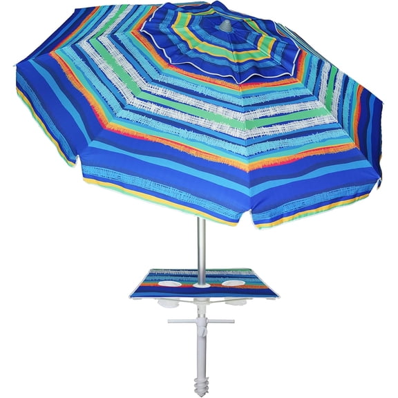 Beach Umbrella with Sand Anchor & Table Tray, Portable Heavy Duty Beach Umbrellas, 6.5ft Sun Outdoor Umbrella, UV 50 Protection, Carry Bag for Beach, Patio, Pool and Garden, Stripes