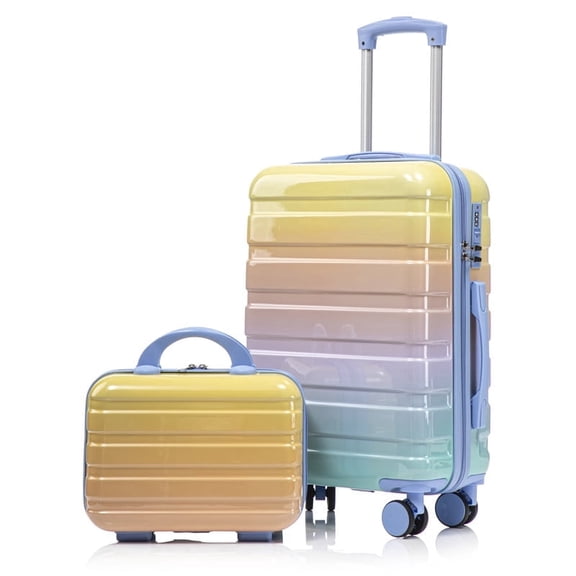14"/20" 2 pcs/set in PC Spinner Wheel Luggage, Carry on Suitcase, With Gradient Color and Combination Lock(Blue Yellow)