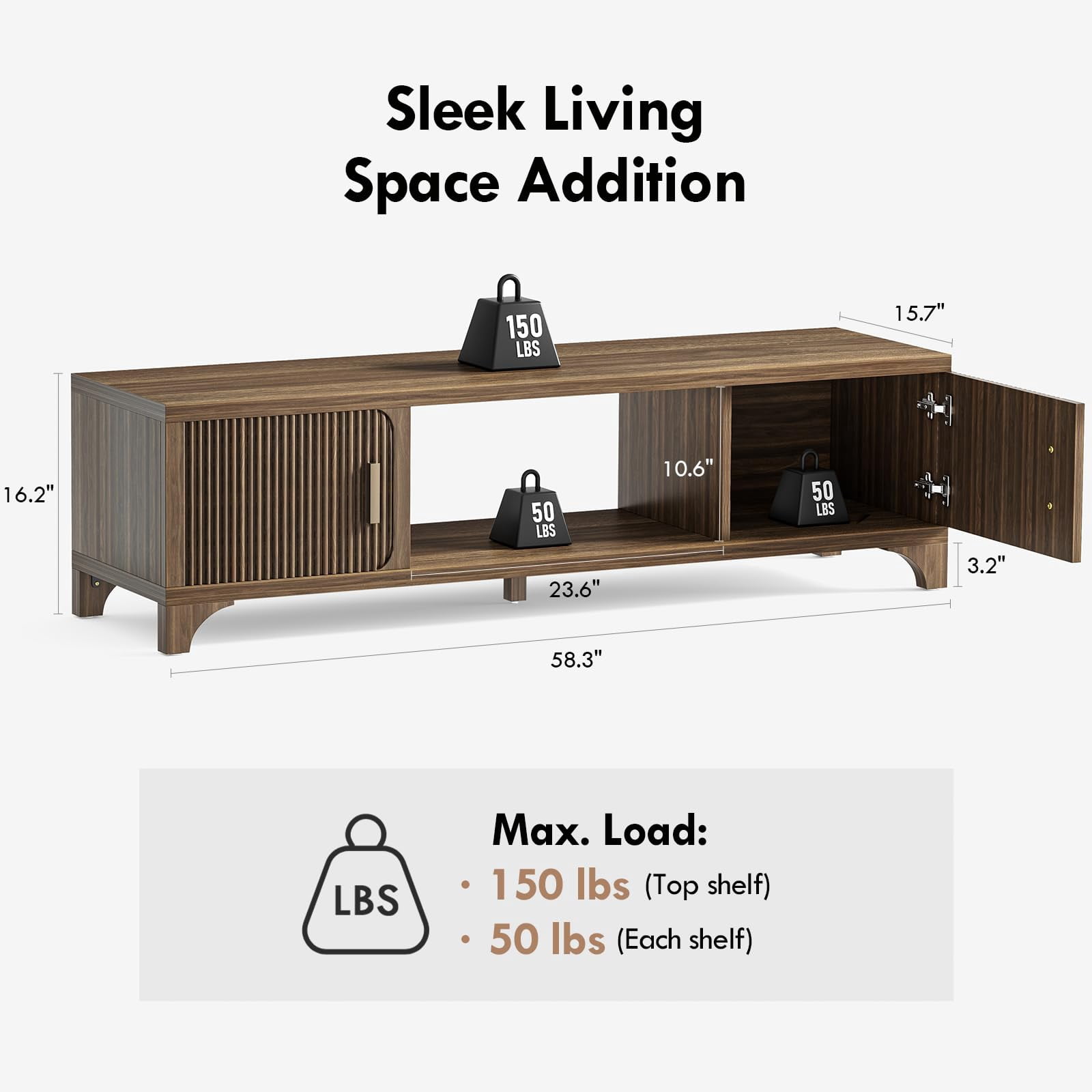 Vebreda 58 Inch Modern TV Stand for 55"/65" TVs, Mid-Century Entertainment Center with Storage, Walnut