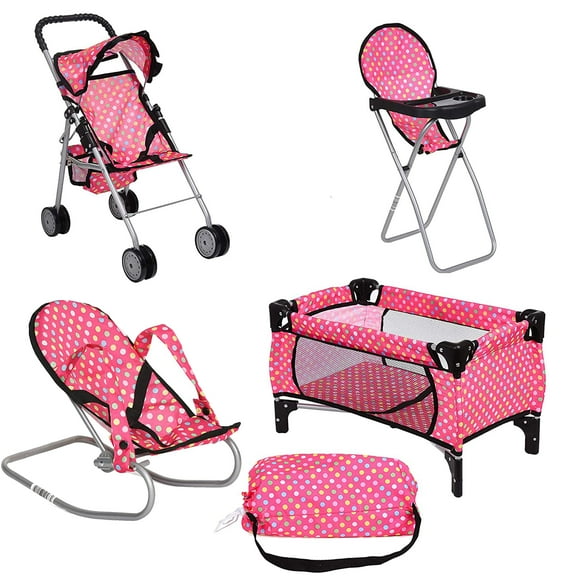 Set Doll Play Fash n Kolor de 4 piezas con Pack N Play y silla de paseo