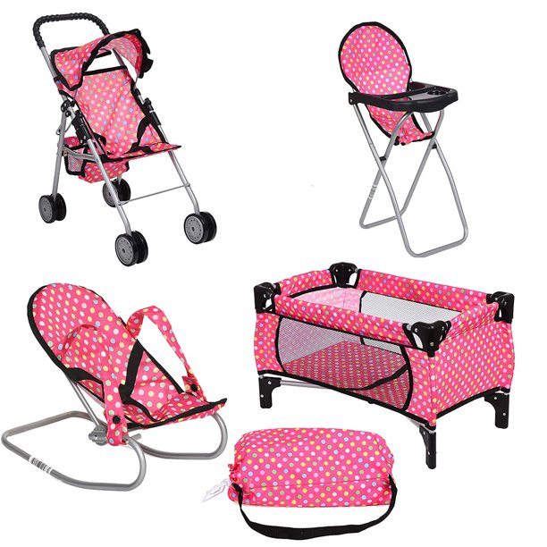 Set Doll Play Fash n Kolor de 4 piezas con Pack N Play y silla de paseo