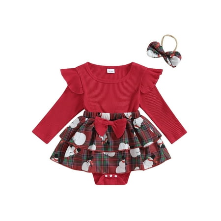 

Woshilaocai Girl Christmas Romper Long Sleeve Snowman Print Jumpsuit Headband