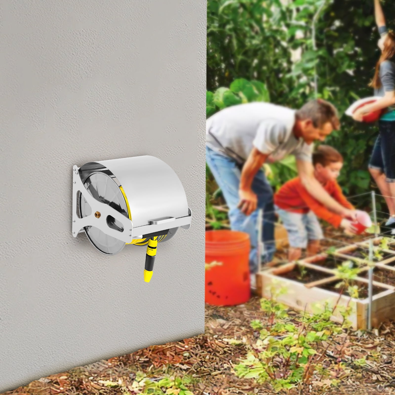 TFCFL 360° Hose Reel Garden Hose Reel with Quick Coupler Wall-Mount Metal Hose Reel for Watering Washing