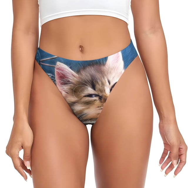 Balery Playful Cat Tangas de Algodón para Mujer con Estampado – Ropa Interior Sexy, Transpirable, G-string-Small