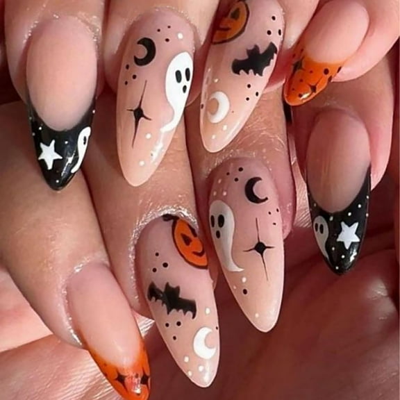 Halloween Press on Nails Medium Almond Fake Nails Full Cover Nightmare Nails Christmas Nails Spider Web False Nails Matte Glue on Nails Artificial Acrylic Nails for Women Girls 24 Pcs Halloween
