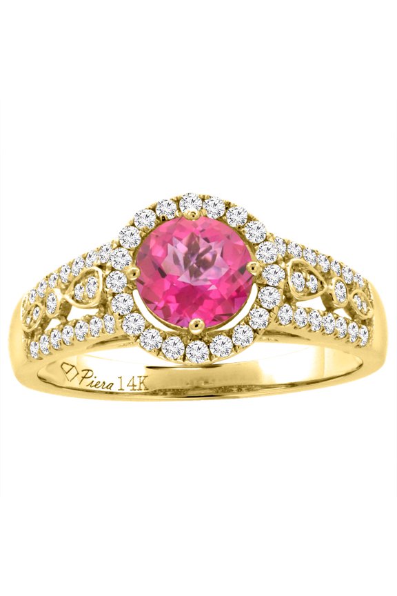 14K Yellow Gold Diamond Natural Pink Topaz Engagement Halo Ring Round 7 mm, size 6