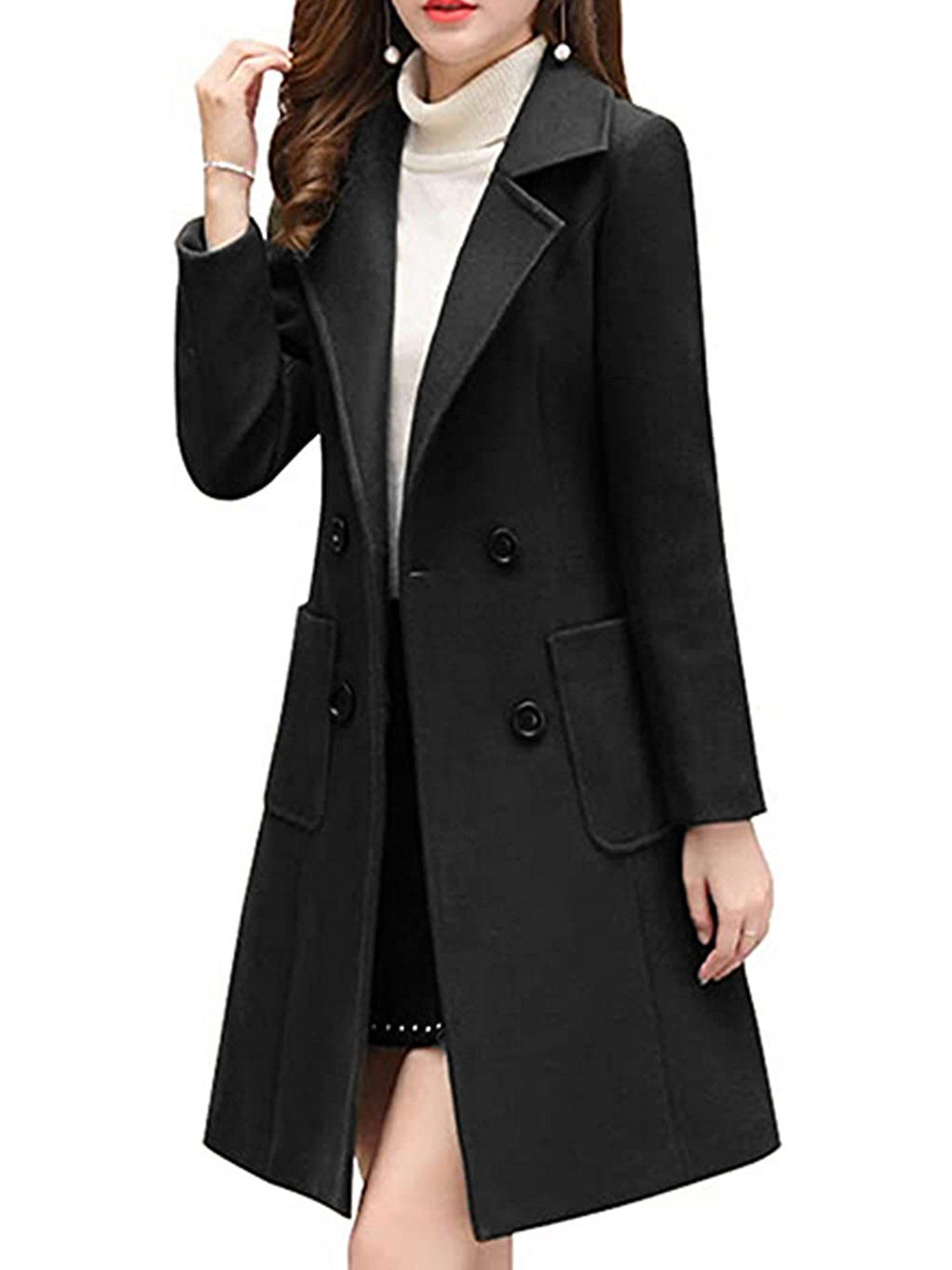 Grianlook Women Jacket Double Breasted Trench Coat Lapel Neck Outwear Ladies  Casual Overcoats Mid Length Long Sleeve Pea Coats Black L