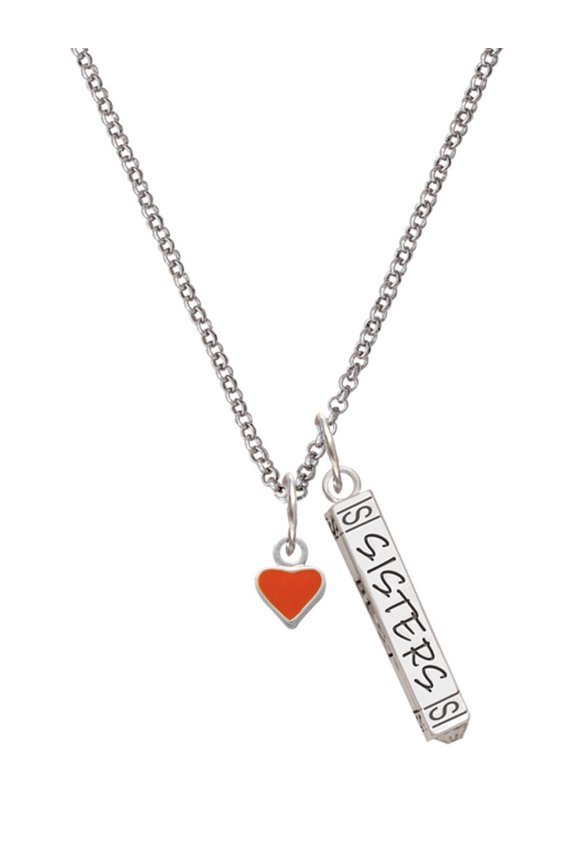 Silvertone Mini Two Sided Orange Heart Silvertone Sisters Best Friends Forever Bar Charm Necklace, 23"