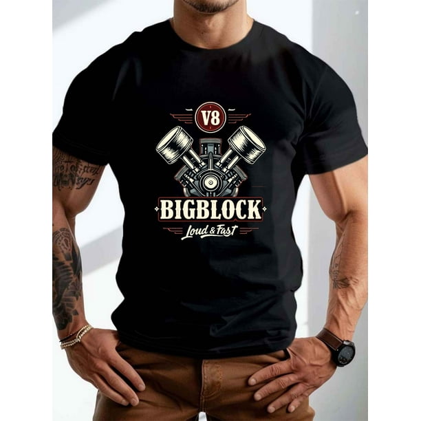 Camiseta gráfica con motor V8 para hombre | Diseño BigBlock con temática del Día del Trabajo, 100 % algodón, lavable a máquina, ajuste cómodo para el verano, camisetas de coches, camiseta informal neg