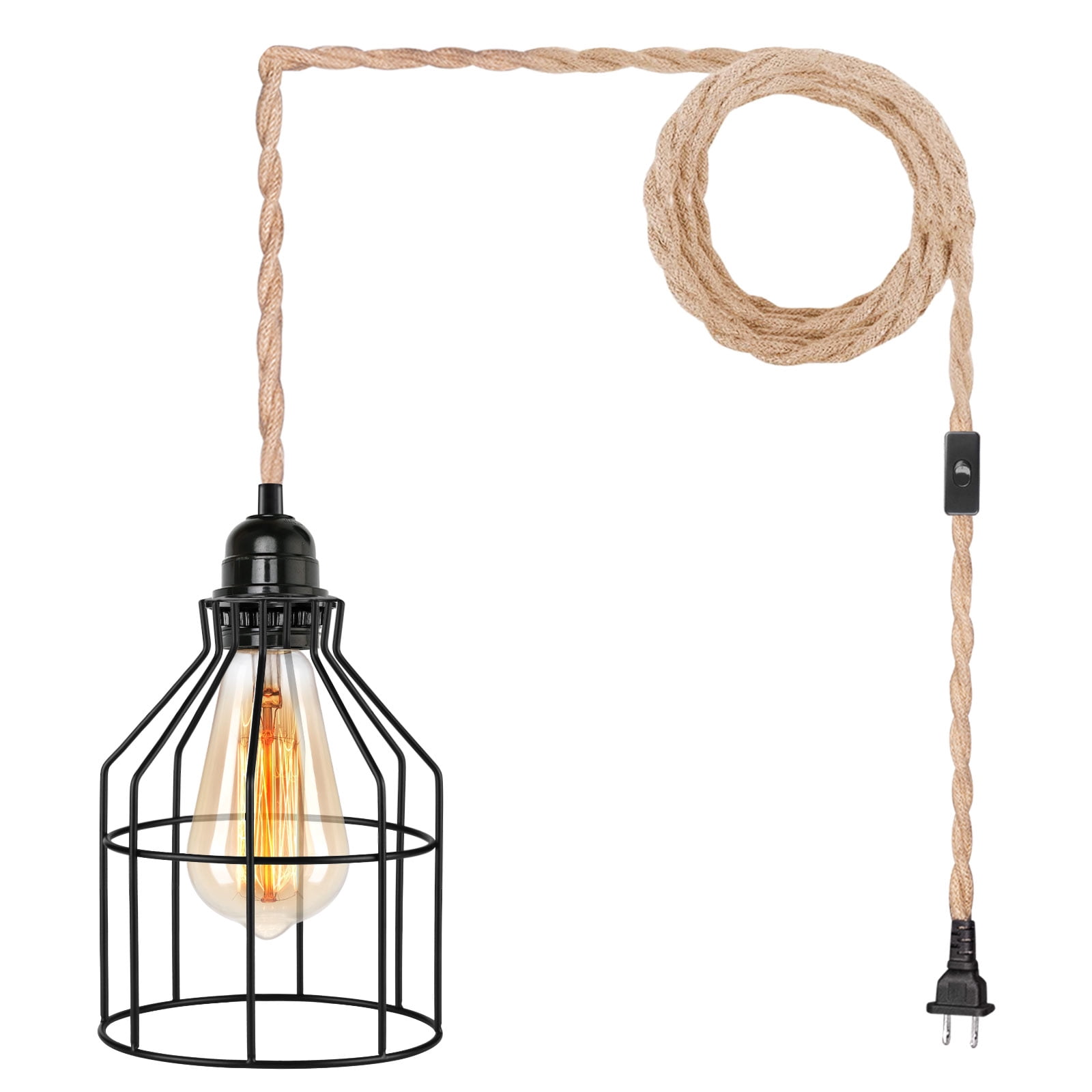 ArcoMead Farmhouse 14.9ft Pendant Light Hemp Rope Metal Cage Lampshade Hanging Lighting Fixtures with Plug in Cord Pendant Lamp for Living Room Bedroom Kitchen Island