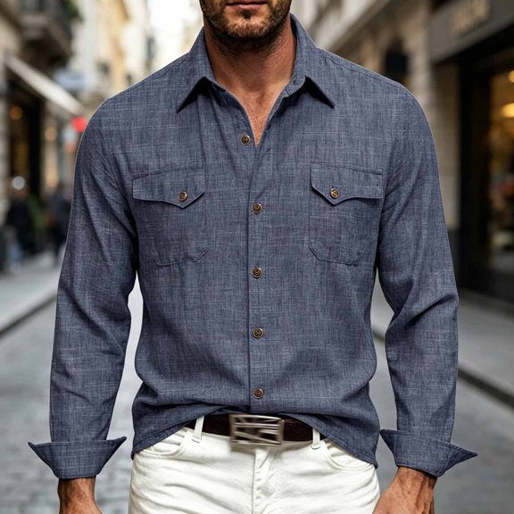 Yaoyar Men's Pure Color Double Pocket Cotton Linen Long Sleeve Lapel Shirt Casual Dailywear Cargo Shirts