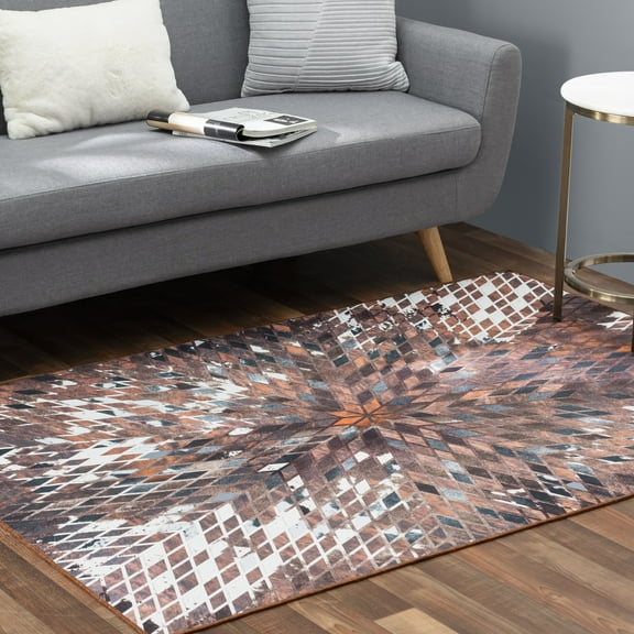 Faux Cowhide Contemporary Area Rug 4x6 Patchwork Supernova Eruption Polyester Rug With Cotton-Canvas Backing