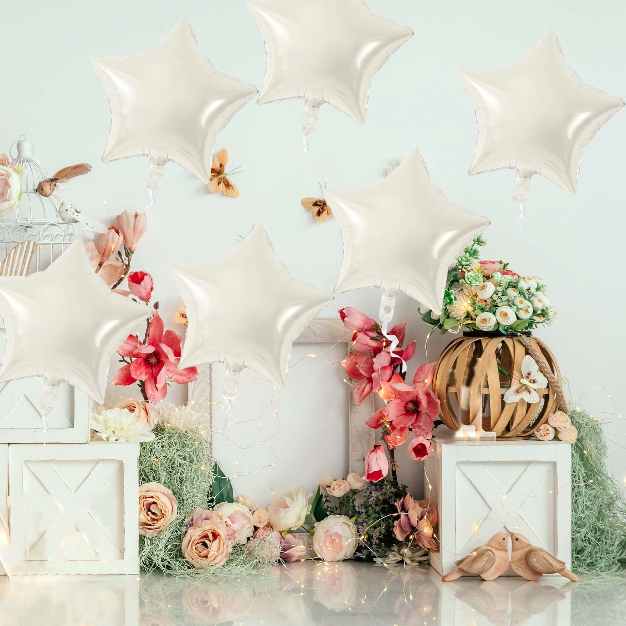 Unique Bargains 10Pcs Helium Balloons with Ribbon Star Pattern White