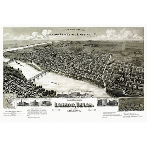 Historic Map of Laredo Texas 1892 Webb County Canvas Art -  (36 x 54)