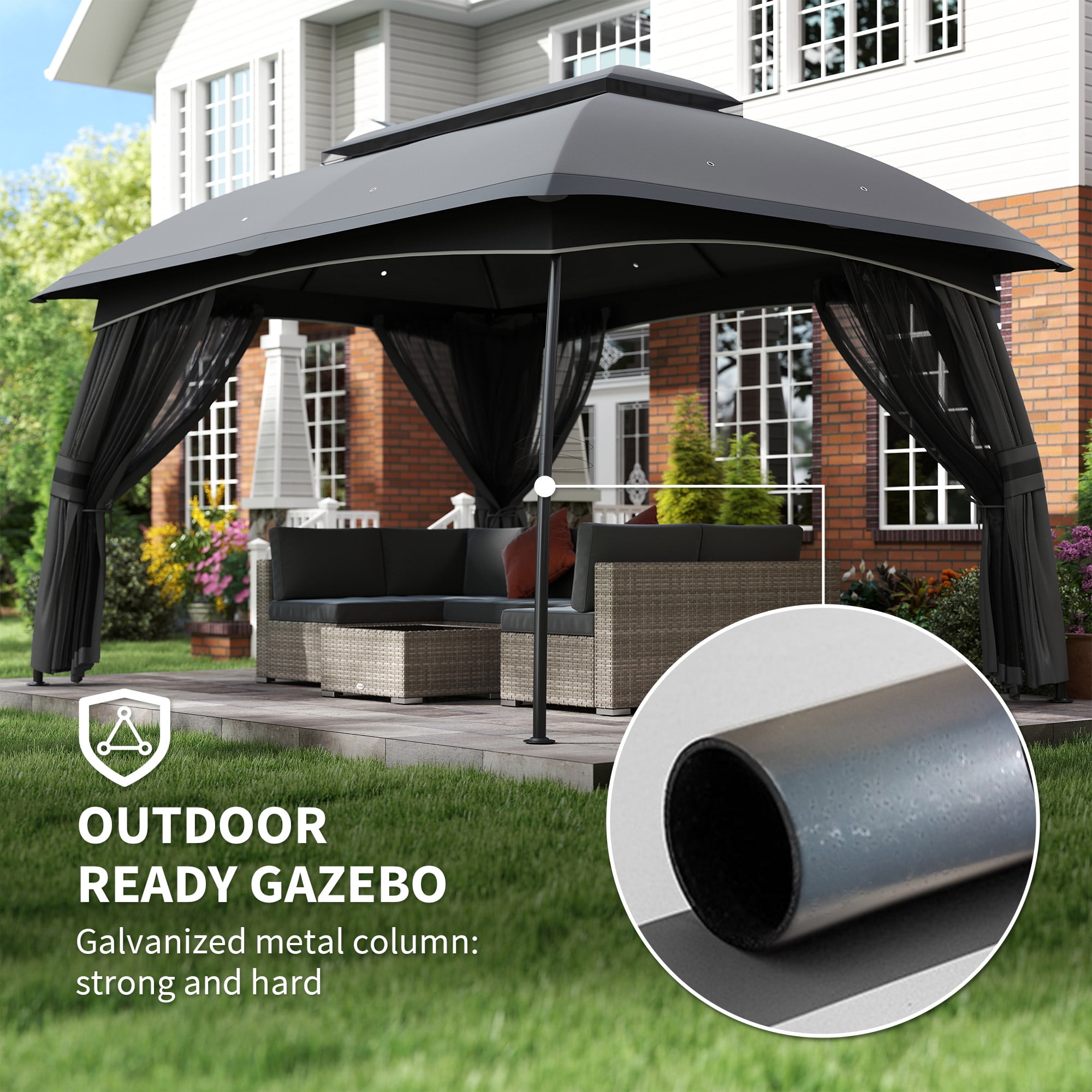 Outsunny 10' x 13' Patio Gazebo with Netting & Curtains, Dark Gray