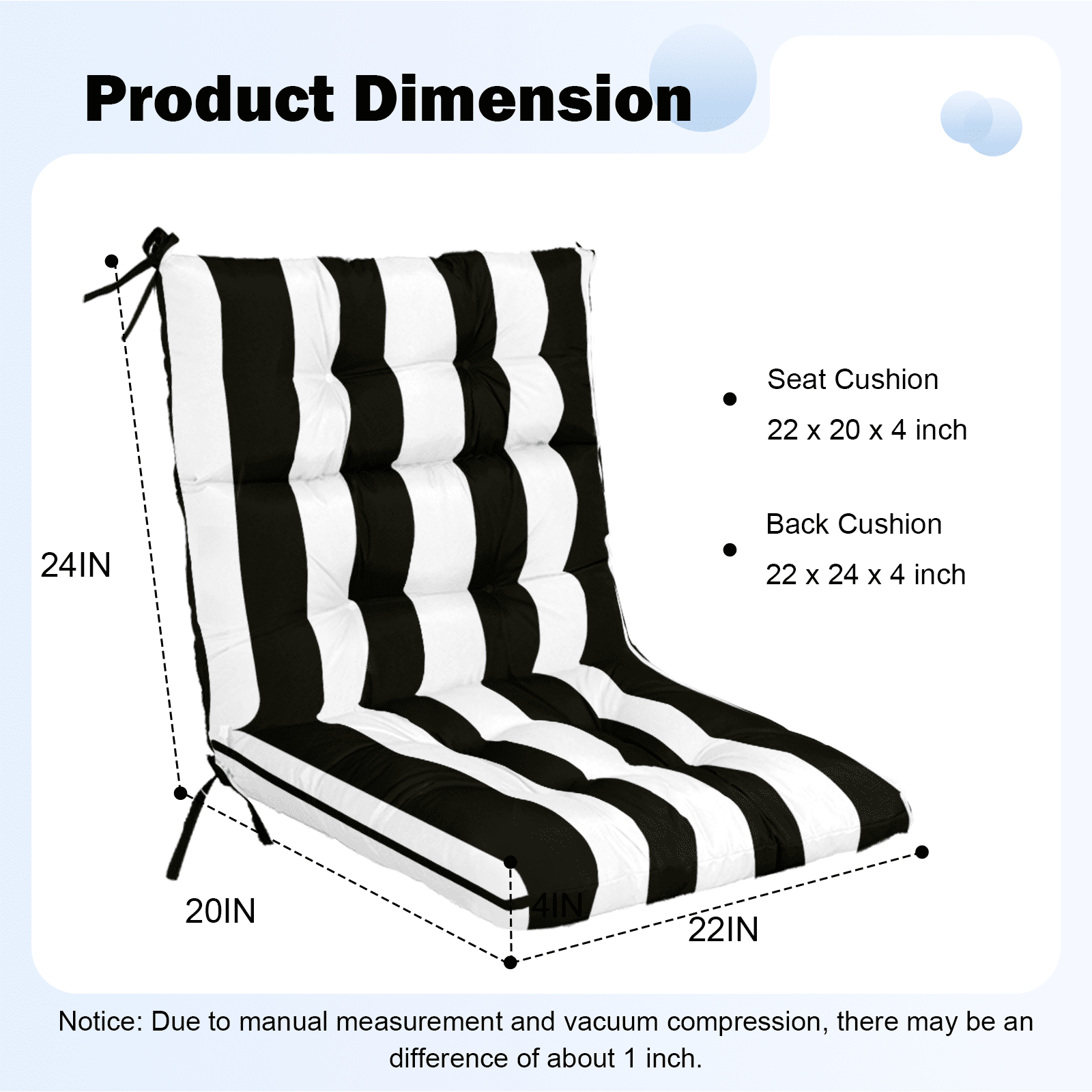 Vacmaster Patio High Back Chair Cushions Set of 2 - Outdoor Dining Chair Pads,Waterproof Replacement Seat Pad,for Rocking and Lounge Chairs,Indoor & Outdoor Furniture Cushions,Black White Stripes