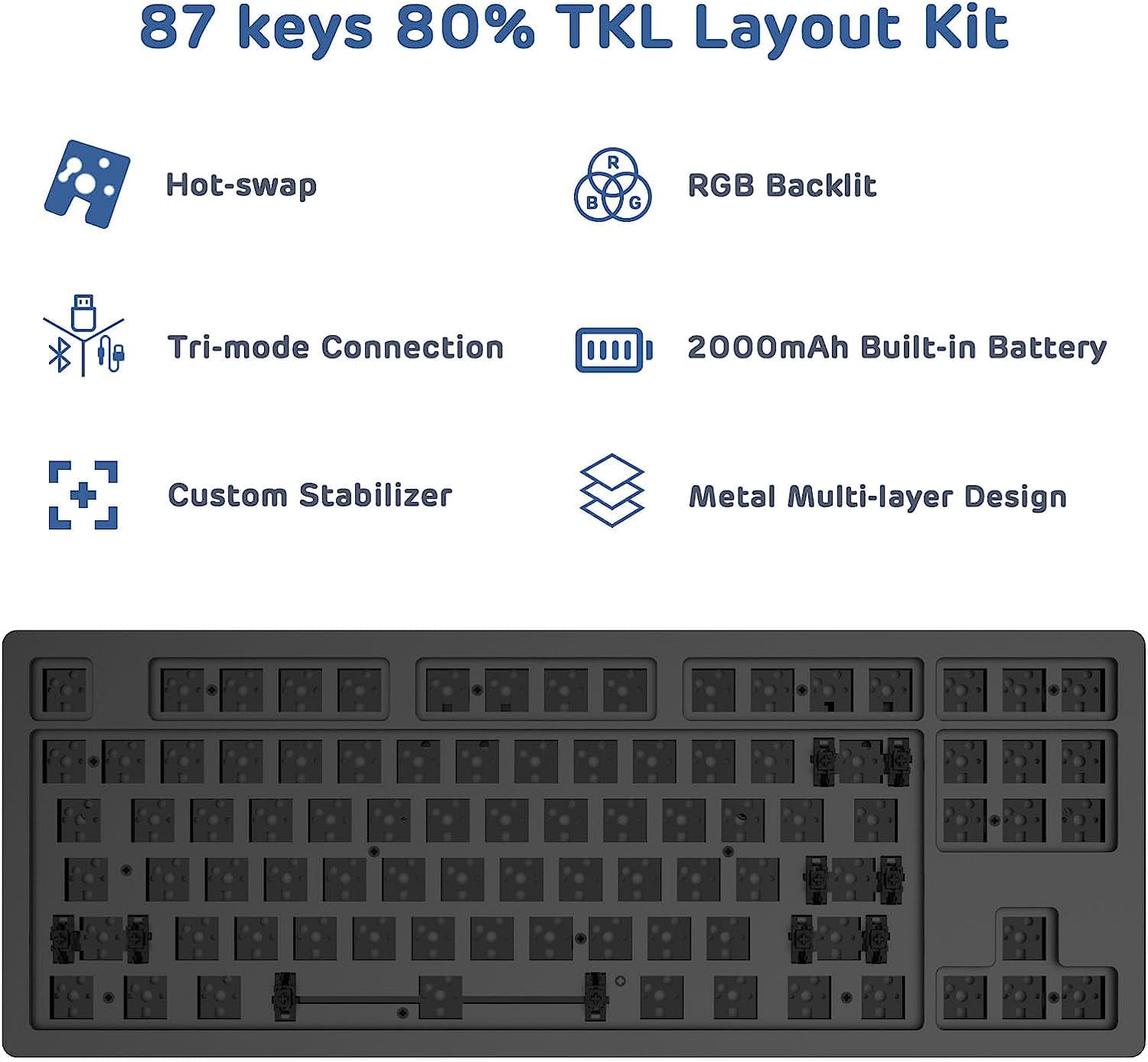 AKC087 75% Custom Keyboard Kit, 87 Keys Hot Swappable 5.0/2.4G/Wired TKL Mechanical Gaming Keyboard PCB Mounting Plate Kit, RGB Backlit Compatible with 3/5Pin Gateron/Cherry/Kailh/Otemu Switches